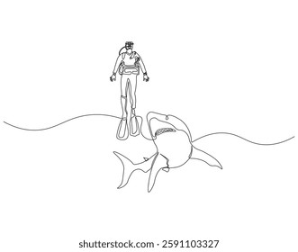 Continuous one line drawing of scuba diver diving with shark. One line drawing illustration of scuba diver swim with shark. Diving with marine animal concept single line. Editable outline
