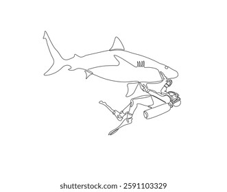 Continuous one line drawing of scuba diver diving with shark. One line drawing illustration of scuba diver swim with shark. Diving with marine animal concept single line. Editable outline
