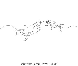 Continuous one line drawing of scuba diver diving with shark. One line drawing illustration of scuba diver swim with shark. Diving with marine animal concept single line. Editable outline
