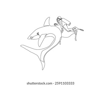 Continuous one line drawing of scuba diver diving with shark. One line drawing illustration of scuba diver swim with shark. Diving with marine animal concept single line. Editable outline
