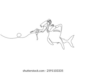 Continuous one line drawing of scuba diver diving with shark. One line drawing illustration of scuba diver swim with shark. Diving with marine animal concept single line. Editable outline
