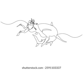 Continuous one line drawing of scuba diver diving with shark. One line drawing illustration of scuba diver swim with shark. Diving with marine animal concept single line. Editable outline
