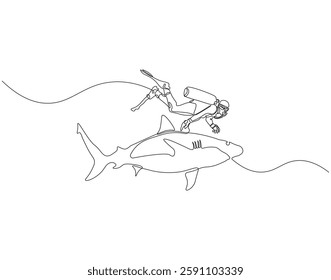 Continuous one line drawing of scuba diver diving with shark. One line drawing illustration of scuba diver swim with shark. Diving with marine animal concept single line. Editable outline
