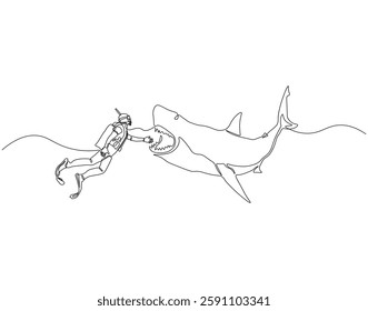 Continuous one line drawing of scuba diver diving with shark. One line drawing illustration of scuba diver swim with shark. Diving with marine animal concept single line. Editable outline
