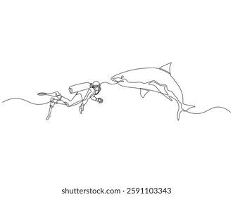 Continuous one line drawing of scuba diver diving with shark. One line drawing illustration of scuba diver swim with shark. Diving with marine animal concept single line. Editable outline
