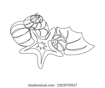 Continuous one line drawing of sea shells. Simple vector illustration