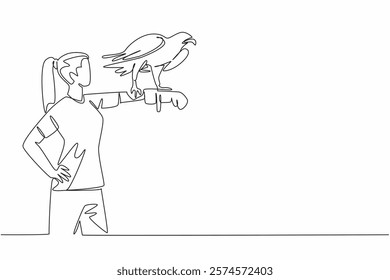 Continuous one line drawing sea ​​eagle perched on hand of woman. Fish hunters, coastal predators and marine raptors. The strong claws. Woman Holding Bird. Single line draw design vector illustration