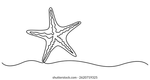 Continuous one line drawing of sea starfish. Minimalistic art web banner. Vector illustration, Starfish in one continuous line drawing. Symbol of summer, vacation, travel, beach in simple linear style
