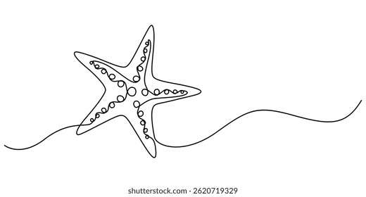 Desenho contínuo de uma linha de estrelas do mar. Banner minimalista na web. Ilustração vetorial, Starfish em um desenho de linha contínua. Símbolo de verão, férias, viagem, praia em estilo linear simples