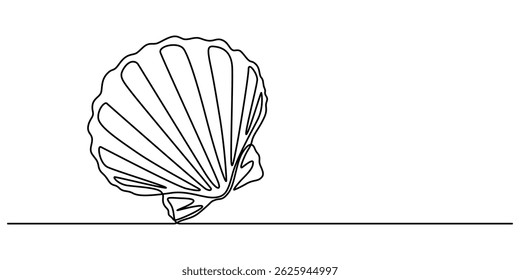Continuous one line drawing of sea shell. Seashell symbol. Spa beauty and wellness salon banner in simple linear style,  Sea shells, mollusks, scallop, pearls. Tropical underwater shells continuous. 