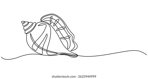 Continuous one line drawing of sea shell. Seashell symbol. Spa beauty and wellness salon banner in simple linear style,  Sea shells, mollusks, scallop, pearls. Tropical underwater shells continuous. 