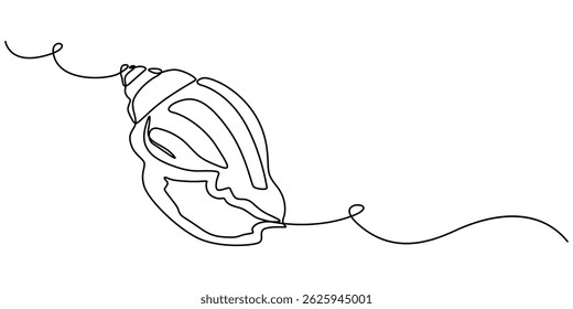 Continuous one line drawing of sea shell. Seashell symbol. Spa beauty and wellness salon banner in simple linear style,  Sea shells, mollusks, scallop, pearls. Tropical underwater shells continuous. 