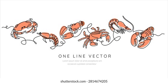 Continuous one line drawing of Seafood Crab, Shrimp, and Lobster. Single line decorative element drawn on white. Vector illustration. Hand drawn. Editable stroke