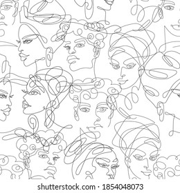 Continuous one line drawing. Seamless pattern from abstract portraits of African womans and men in minimalistic modern style on a white background