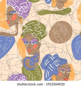 Continuous one line drawing. Seamless pattern from abstract portraits of African womans in minimalistic modern style on a tropical background