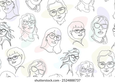 Continuous one line drawing. Seamless pattern from portraits of women and girls in minimalistic modern style on the white background.