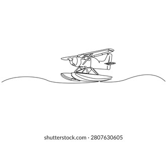Continuous one line drawing of seaplane. One line drawing illustration of flying seaplane. Multi-role aircraft, modern airplane concept single line. Editable outline