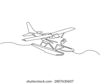 Continuous one line drawing of seaplane. One line drawing illustration of flying seaplane. Multi-role aircraft, modern airplane concept single line. Editable outline