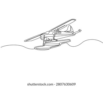 Continuous one line drawing of seaplane. One line drawing illustration of flying seaplane. Multi-role aircraft, modern airplane concept single line. Editable outline