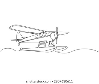 Continuous one line drawing of seaplane. One line drawing illustration of flying seaplane. Multi-role aircraft, modern airplane concept single line. Editable outline