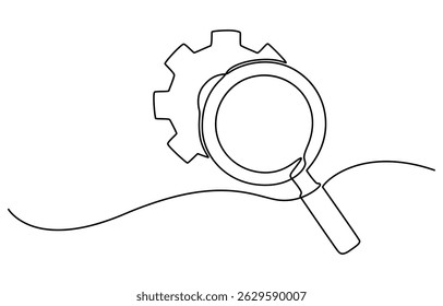 Continuous one line drawing Search engine optimization line icon vector illustration concept, Gear and magnifying glass linear icon. Continuous one line drawing gear and magnifying glass icon, pro.