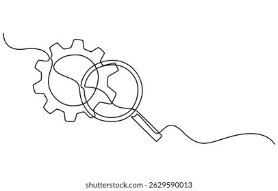 Continuous one line drawing Search engine optimization line icon vector illustration concept, Gear and magnifying glass linear icon. Continuous one line drawing gear and magnifying glass icon, pro.