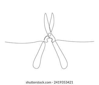 Continuous one line drawing of secateurs plant. Plant scissors single outline vector illustration. Editable stroke.