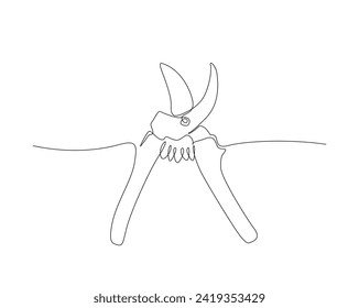 Continuous one line drawing of secateurs plant. Plant scissors single outline vector illustration. Editable stroke.