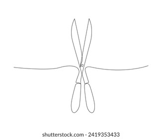 Continuous one line drawing of secateurs plant. Plant scissors single outline vector illustration. Editable stroke.