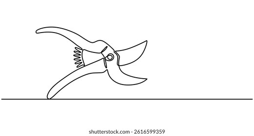 Continuous one line drawing of secateurs plant equipment. Plant scissors  in single line draw illustration. Editable stroke, Gardening scissors vector hand drawn silhouette clipart. Sketch isolated on