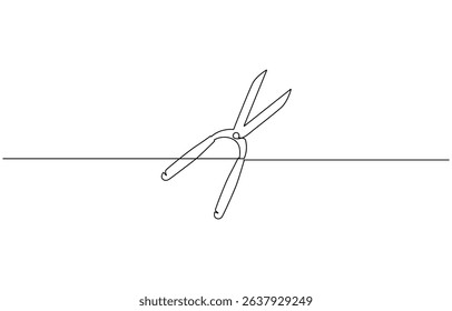 Continuous one line drawing of secateurs plant equipment, cutting plier in silhouette sketch, line art pliers vector illustration. line art, one continuous line.