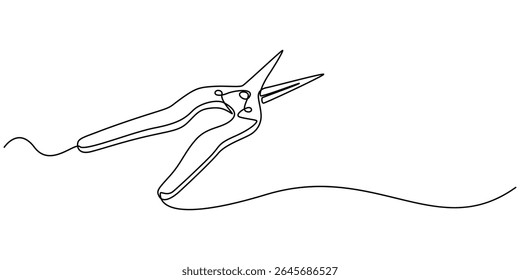Continuous one line drawing of secateurs plant equipment. Plant scissors in single line draw Vector Illustration, Editable Stroke,  cutting plier in silhouette sketch, line art pliers vector concept.