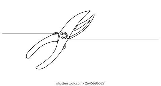Continuous one line drawing of secateurs plant equipment. Plant scissors in single line draw Vector Illustration, Editable Stroke,  cutting plier in silhouette sketch, line art pliers vector concept.