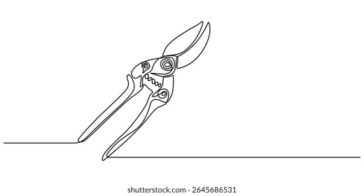 Continuous one line drawing of secateurs plant equipment. Plant scissors in single line draw Vector Illustration, Editable Stroke,  cutting plier in silhouette sketch, line art pliers vector concept.