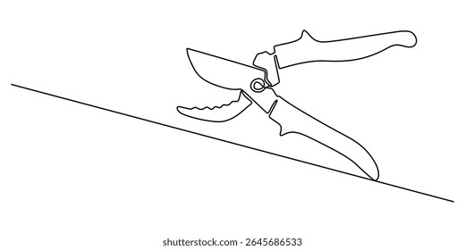 Continuous one line drawing of secateurs plant equipment. Plant scissors in single line draw Vector Illustration, Editable Stroke,  cutting plier in silhouette sketch, line art pliers vector concept.