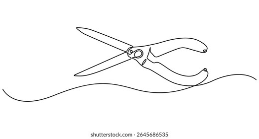Continuous one line drawing of secateurs plant equipment. Plant scissors in single line draw Vector Illustration, Editable Stroke,  cutting plier in silhouette sketch, line art pliers vector concept.