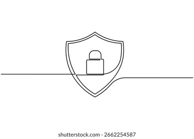 Desenho contínuo de uma linha do escudo de segurança com um cadeado. Símbolo de proteção, privacidade e segurança cibernética