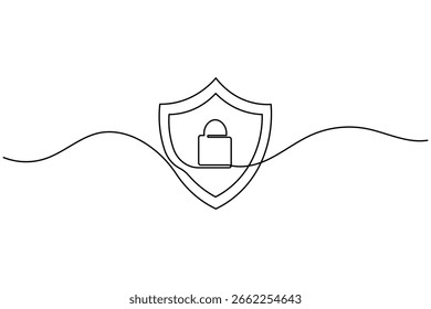 Durchgehende einzeilige Zeichnung des Sicherheitsschildes mit Vorhängeschloss. Symbol für Schutz, Privatsphäre und Cybersicherheit