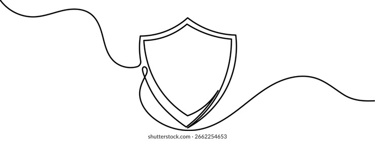 Continuous one line drawing of security shield with a padlock. Symbol for protection, privacy, and cybersecurity