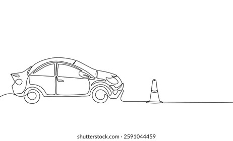 Continuous one line drawing of a sedan car with a traffic cone in front. Minimalist design, suitable for transportation, road safety, and urban themes. Vector illustration, Editable stroke