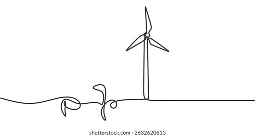 Continuous One Line Drawing Seed Windmill. Renewable Energy Nature Growth. Eco Friendly Power.