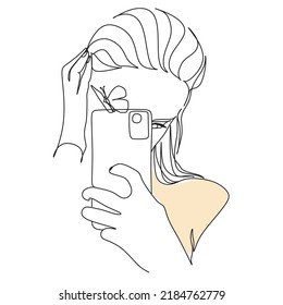 Continuous One Line Drawing of Selfi. Vector illustration. portrait cute girl, holding smartphone, online stories or streaming