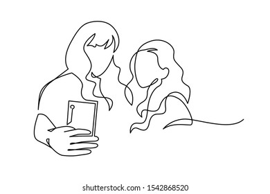 Continuous One Line Drawing Selfie lgbt lover couple  Two friends holding smartphone  making selfie photo and smile   happiness vector illustration  Outline  thin line art  hand drawn sketch