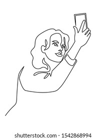 Continuous One Line Drawing of Selfie beautiful woman blogger. Vector illustration portrait character of young girl, holding smartphone, making online stories or streaming in social networks.
