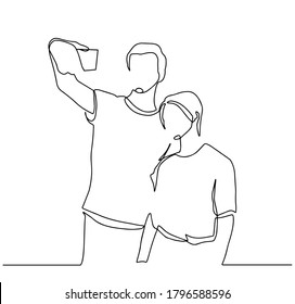 Dibujo continuo de una línea de la pareja amante de Selfie. Imagen vectorial del personaje de un hombre y una mujer jóvenes, sosteniendo un smartphone, haciendo una foto selfie con sonrisa y felicidad. Esbozo de esquema.