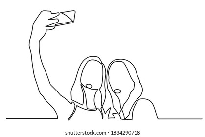 Continuous One Line Drawing of Selfie lgbt lover couple. Two friends holding smartphone, making selfie photo with smile and happiness vector illustration. Outline, thin line art, hand drawn sketch.