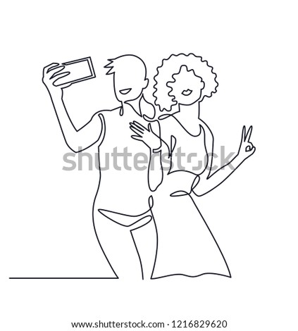 Continuous One Line Drawing of Selfie lgbt lover couple. Same love vector illustration. Happy lgbt girl holding smartphone, making selfie photo with smile and happiness.