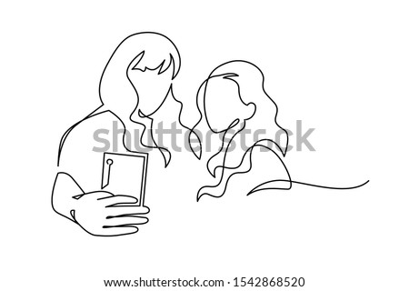 Continuous One Line Drawing of Selfie lgbt lover couple. Two friends holding smartphone, making selfie photo with smile and happiness vector illustration. Outline, thin line art, hand drawn sketch