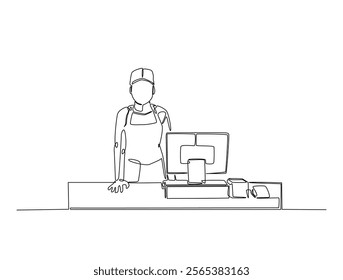 Continuous one line drawing of seller cashier of the strore. Female cashier of supermarket waiting customers illustration. Editable vector. 