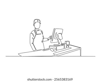 Continuous one line drawing of seller cashier of the strore. Female cashier of supermarket waiting customers illustration. Editable vector. 